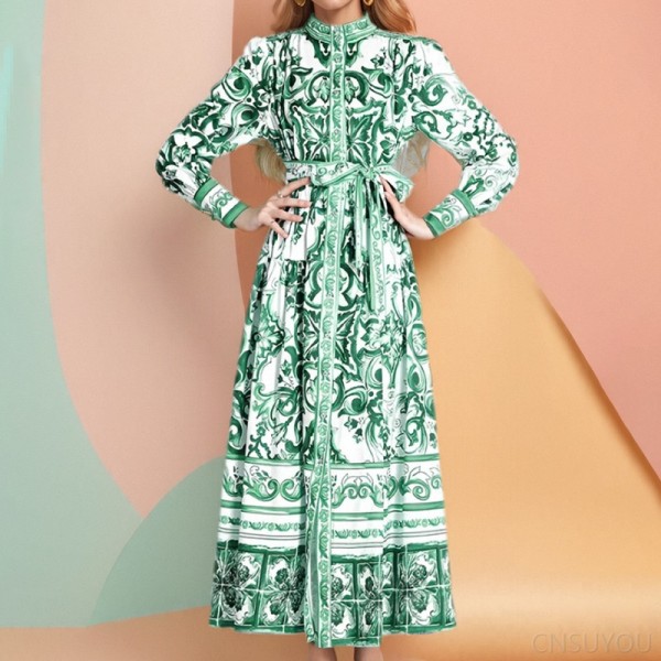 Women's printed long-sleeved pleated dress