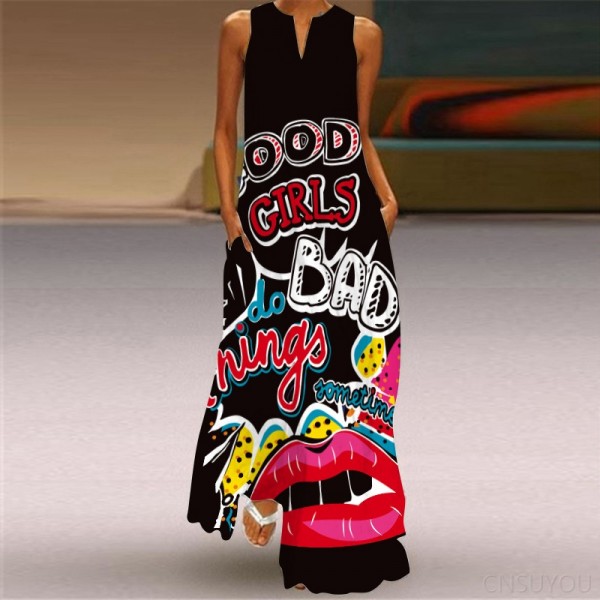 Sleeveless long skirt printed green flower dress