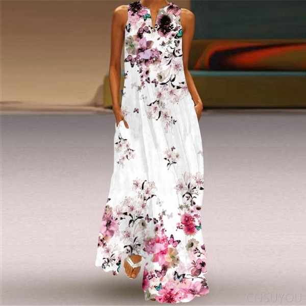 Sleeveless long skirt printed green flower dress