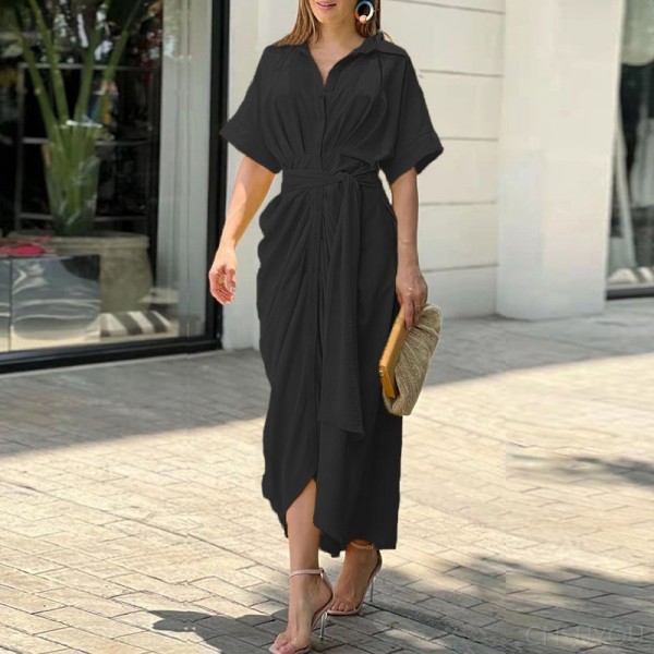 Short-sleeved, high-waisted long shirt dress