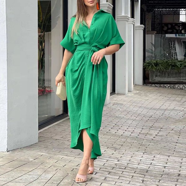 Short-sleeved, high-waisted long shirt dress
