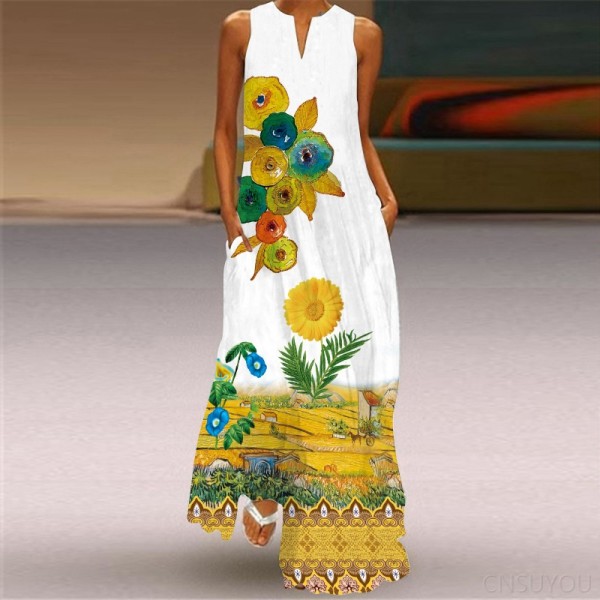 Sleeveless long skirt printed green flower dress