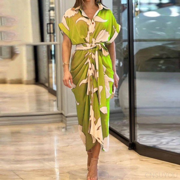 Short-sleeved, high-waisted long shirt dress