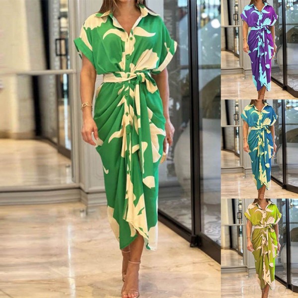 Short-sleeved, high-waisted long shirt dress