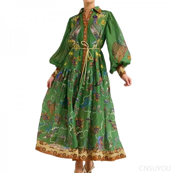 Women's printed long-sleeved pleated dress
