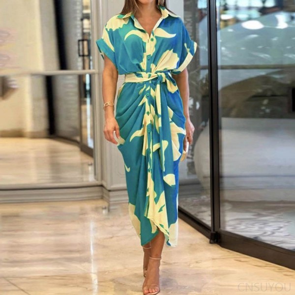 Short-sleeved, high-waisted long shirt dress