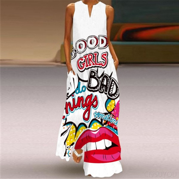 Sleeveless long skirt printed green flower dress
