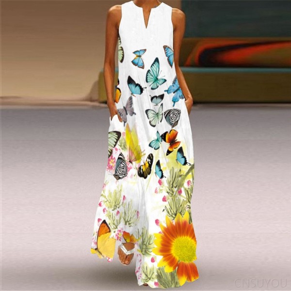 Sleeveless long skirt printed green flower dress