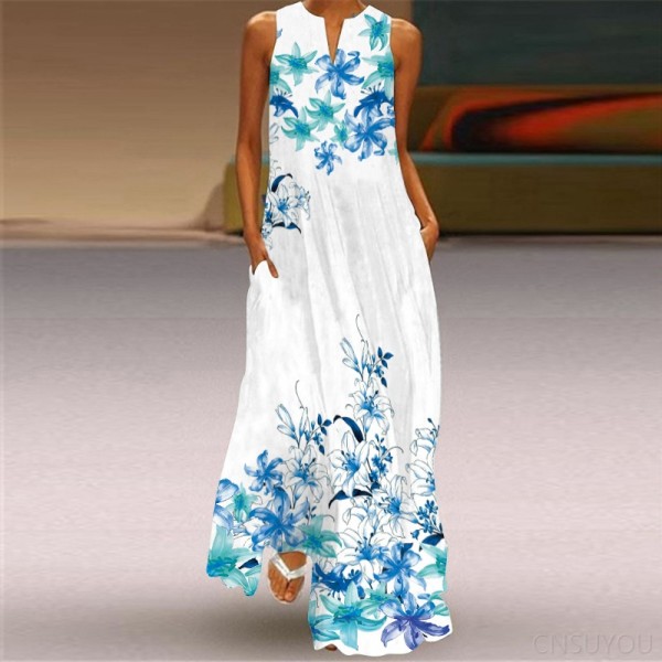 Sleeveless long skirt printed green flower dress