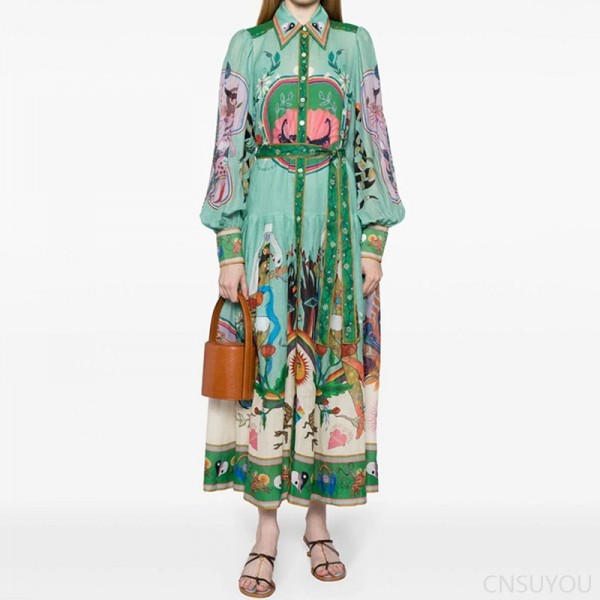 Women's printed long-sleeved pleated dress