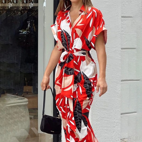 Short-sleeved, high-waisted long shirt dress