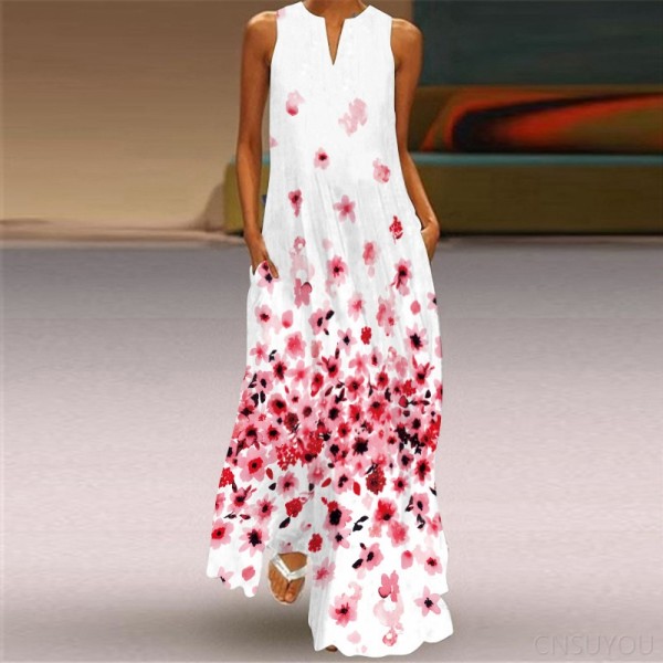Sleeveless long skirt printed green flower dress