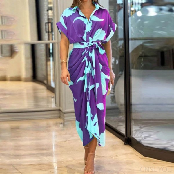 Short-sleeved, high-waisted long shirt dress