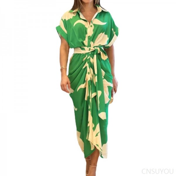 Short-sleeved, high-waisted long shirt dress
