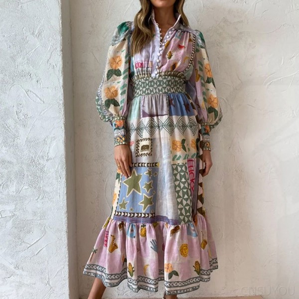 Women's printed long-sleeved pleated dress