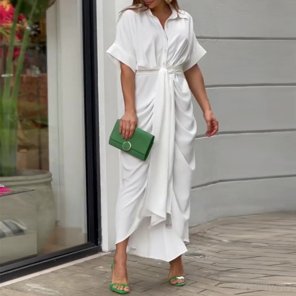 Short-sleeved, high-waisted long shirt dress