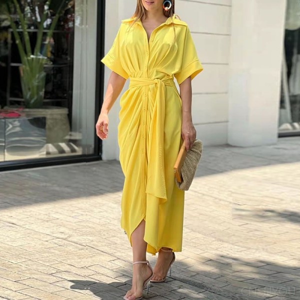 Short-sleeved, high-waisted long shirt dress