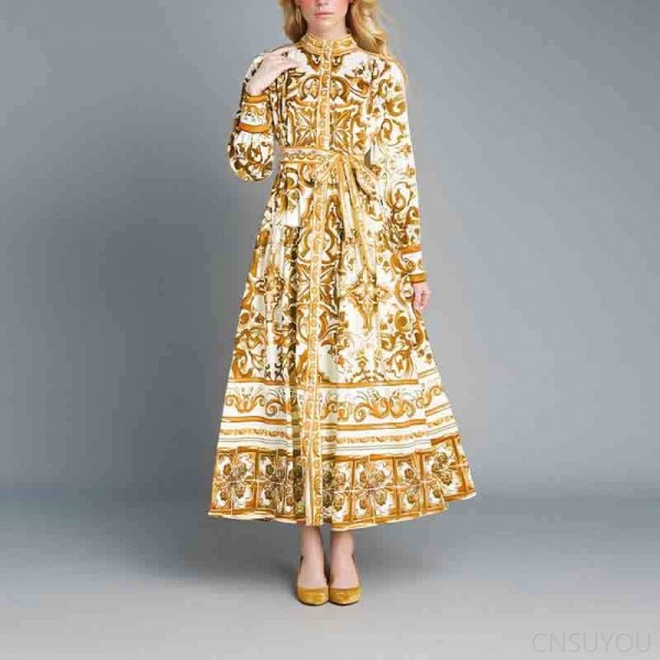 Women's printed long-sleeved pleated dress