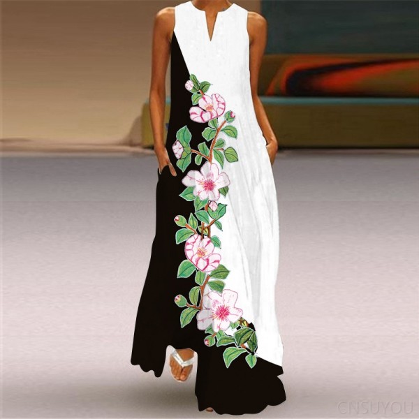 Sleeveless long skirt printed green flower dress