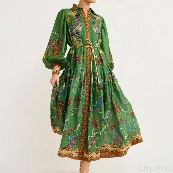 Women's printed long-sleeved pleated dress