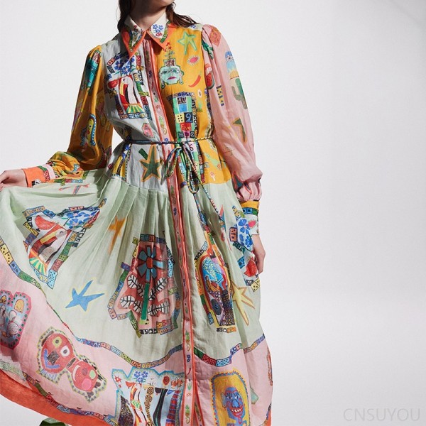 Women's printed long-sleeved pleated dress