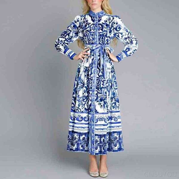 Women's printed long-sleeved pleated dress
