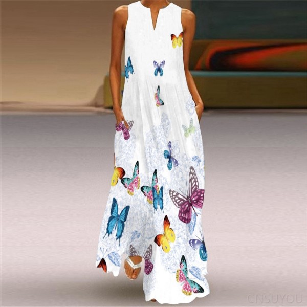 Sleeveless long skirt printed green flower dress