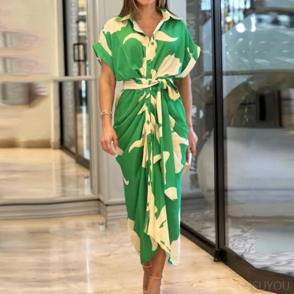Short-sleeved, high-waisted long shirt dress