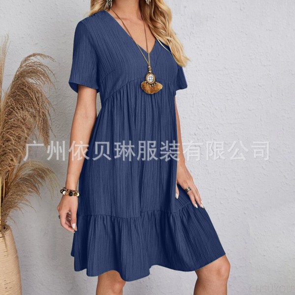 Short-sleeved waist-length flowing dress