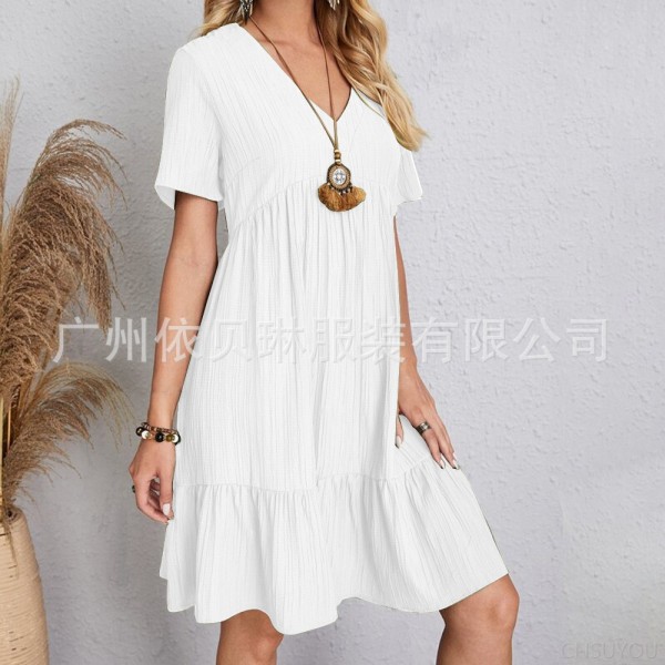 Short-sleeved waist-length flowing dress