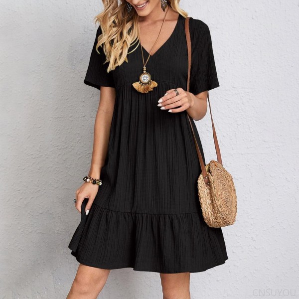 Short-sleeved waist-length flowing dress