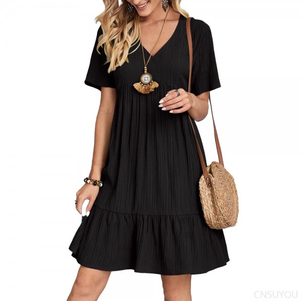 Short-sleeved waist-length flowing dress