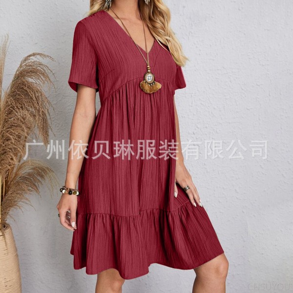 Short-sleeved waist-length flowing dress