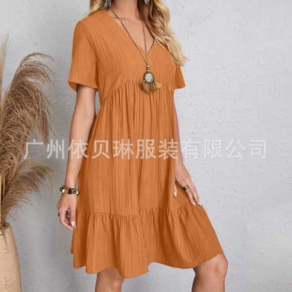 Short-sleeved waist-length flowing dress